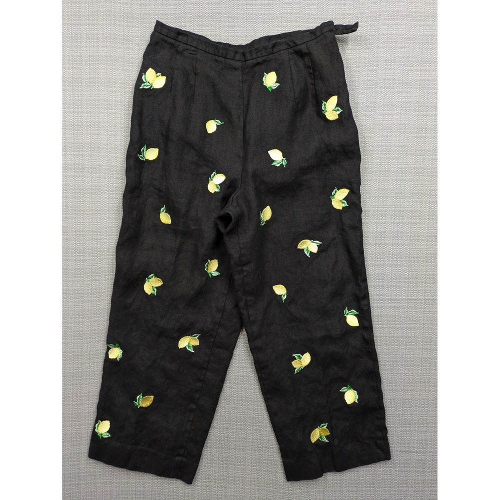 Talbots Pants Womens 10 Petite Black Irish Linen Embroidered Cropped Summer